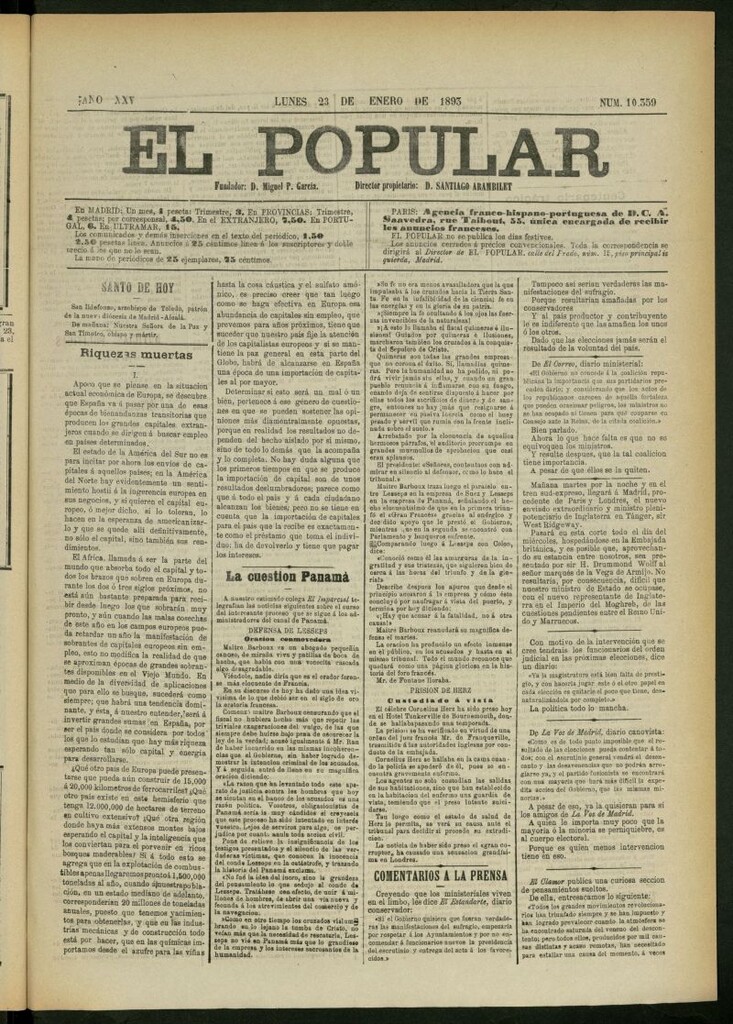 Miniatura de El Popular: diario independiente, político, literario y de noticias de interés general del 23 de enero de 1893, nº 10359