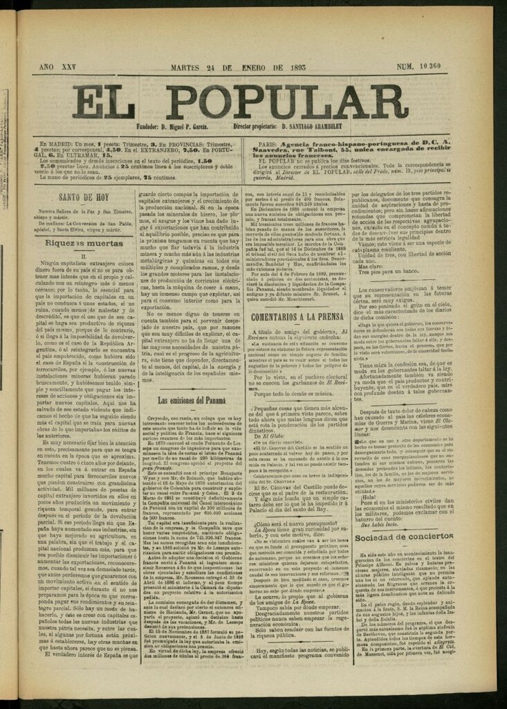 Miniatura de El Popular: diario independiente, político, literario y de noticias de interés general del 24 de enero de 1893, nº 10360