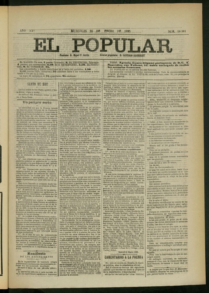 Miniatura de El Popular: diario independiente, político, literario y de noticias de interés general del 25 de enero de 1893, nº 10361