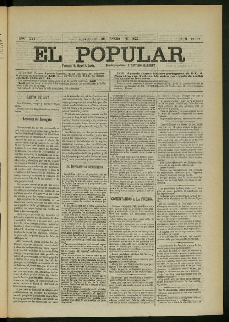 Miniatura de El Popular: diario independiente, político, literario y de noticias de interés general del 26 de enero de 1893, nº 10362