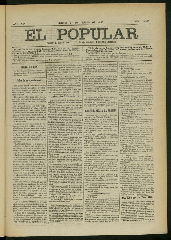 Miniatura de El Popular: diario independiente, político, literario y de noticias de interés general del 27 de enero de 1893, nº 10363