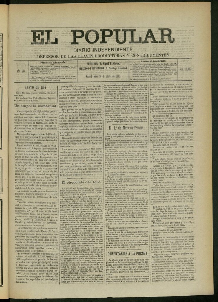 Miniatura de El Popular: diario independiente, político, literario y de noticias de interés general del 30 de enero de 1893, nº 10365