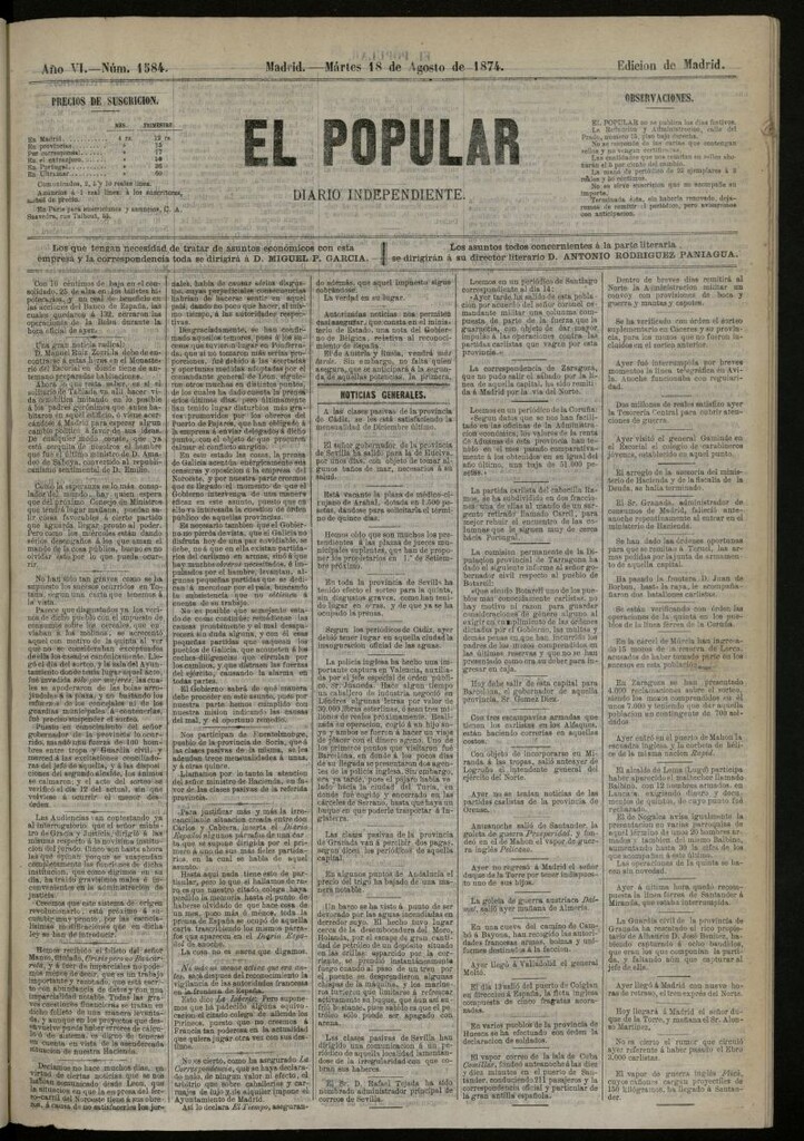 Miniatura de El Popular: diario independiente, político, literario y de noticias de interés general del 18 de agosto de 1874, nº 1584