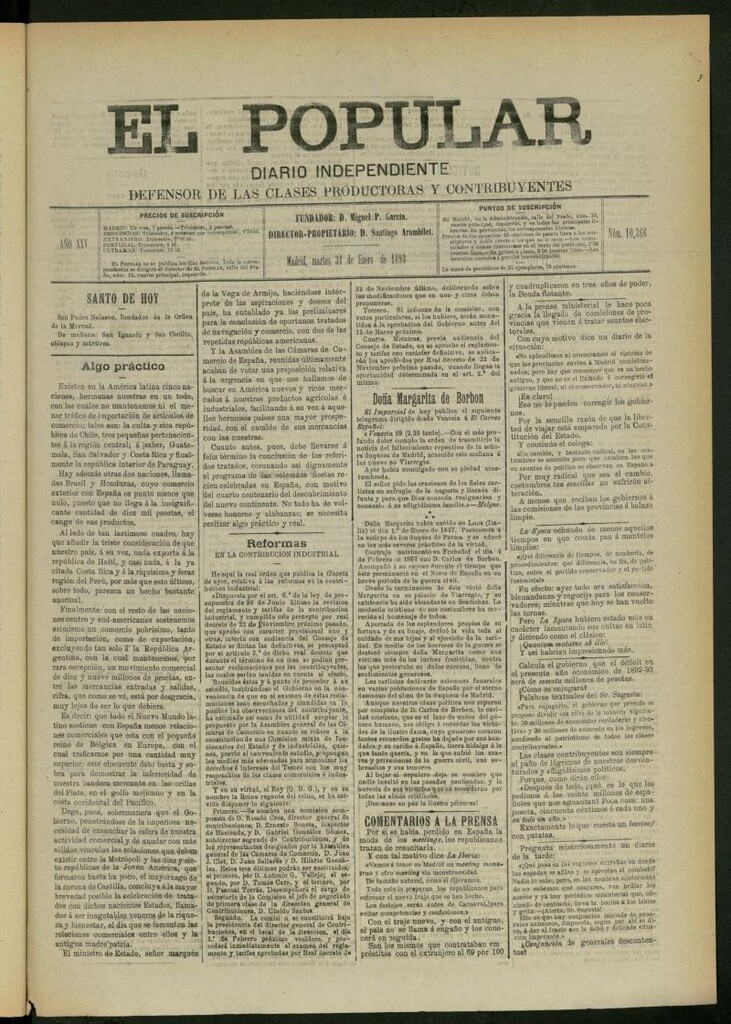Miniatura de El Popular: diario independiente, político, literario y de noticias de interés general del 31 de enero de 1893, nº 10366