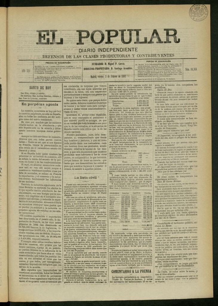 Miniatura de El Popular: diario independiente, político, literario y de noticias de interés general del 3 de febrero de 1893, nº 10368