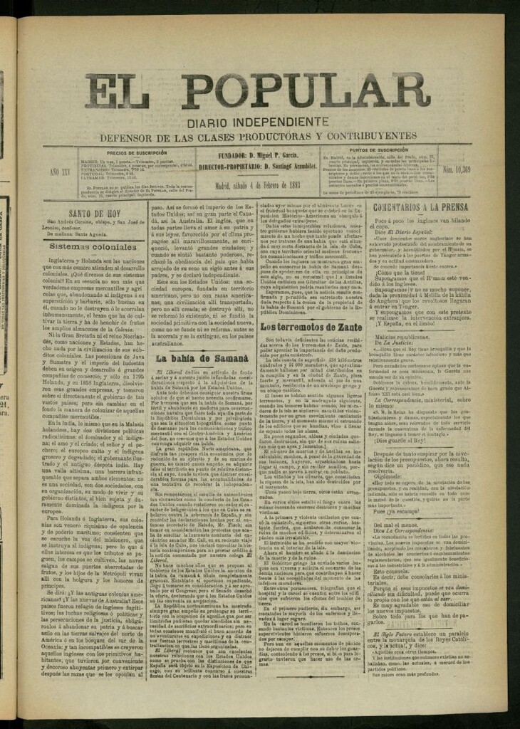 Miniatura de El Popular: diario independiente, político, literario y de noticias de interés general del 4 de febrero de 1893, nº 10369