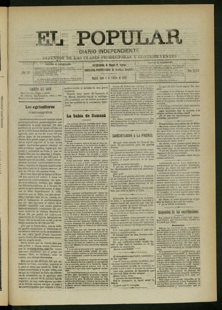 Miniatura de El Popular: diario independiente, político, literario y de noticias de interés general del 6 de febrero de 1893, nº 10370