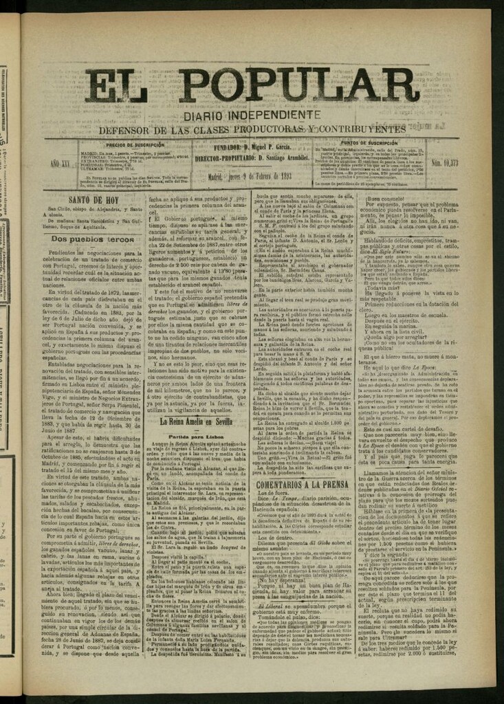 Miniatura de El Popular: diario independiente, político, literario y de noticias de interés general del 9 de febrero de 1893, nº 10373