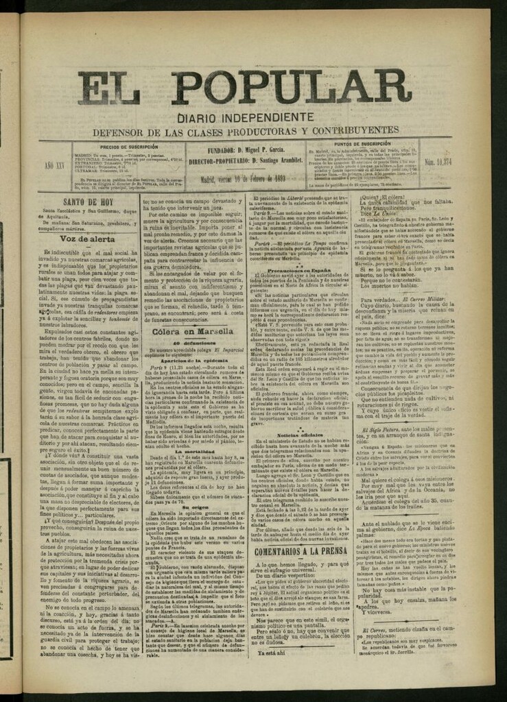 Miniatura de El Popular: diario independiente, político, literario y de noticias de interés general del 10 de febrero de 1893, nº 10374