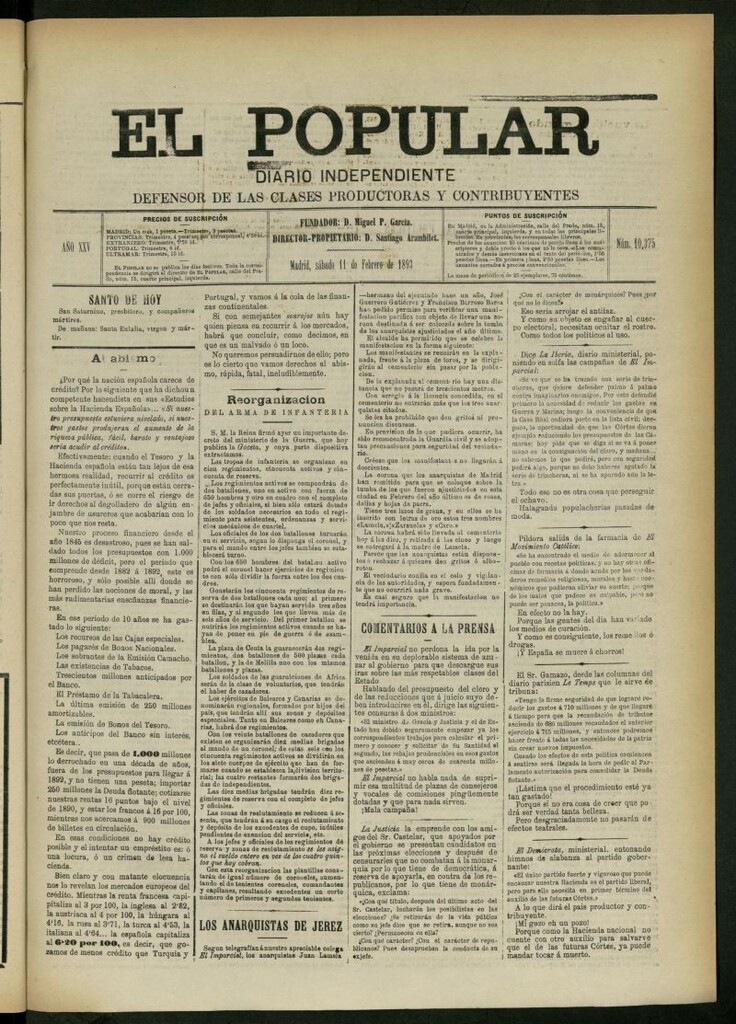 Miniatura de El Popular: diario independiente, político, literario y de noticias de interés general del 11 de febrero de 1893, nº 10375