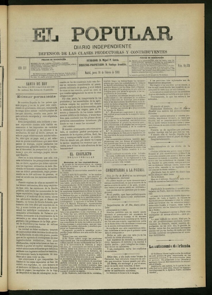 Miniatura de El Popular: diario independiente, político, literario y de noticias de interés general del 16 de febrero de 1893, nº 10378