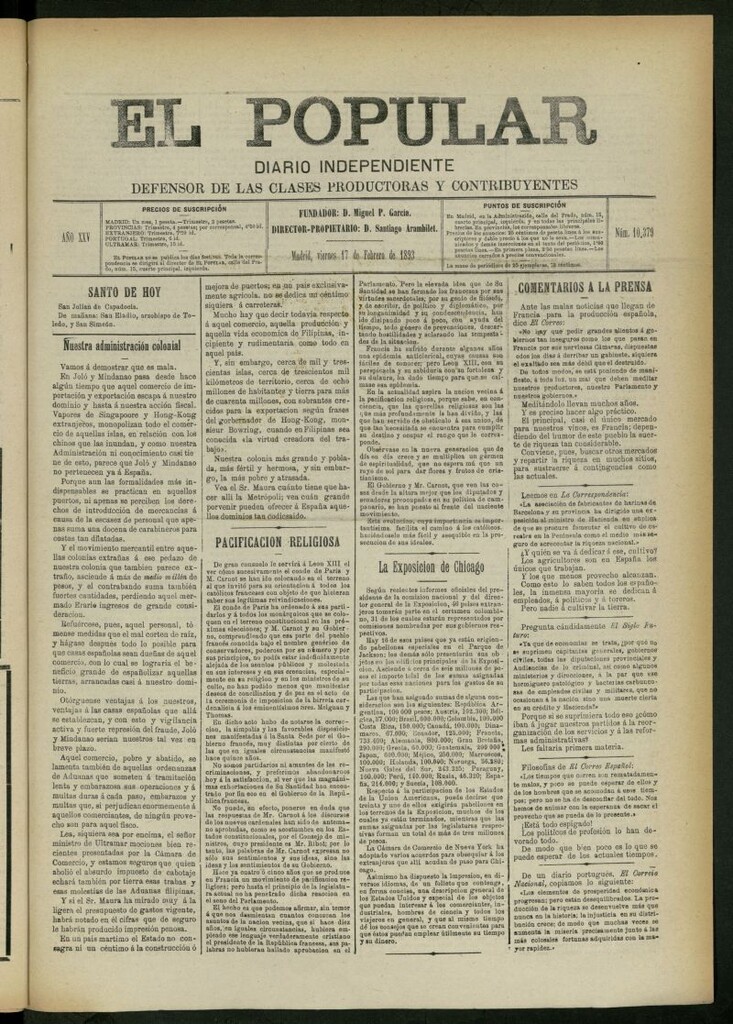 Miniatura de El Popular: diario independiente, político, literario y de noticias de interés general del 17 de febrero de 1893, nº 10379