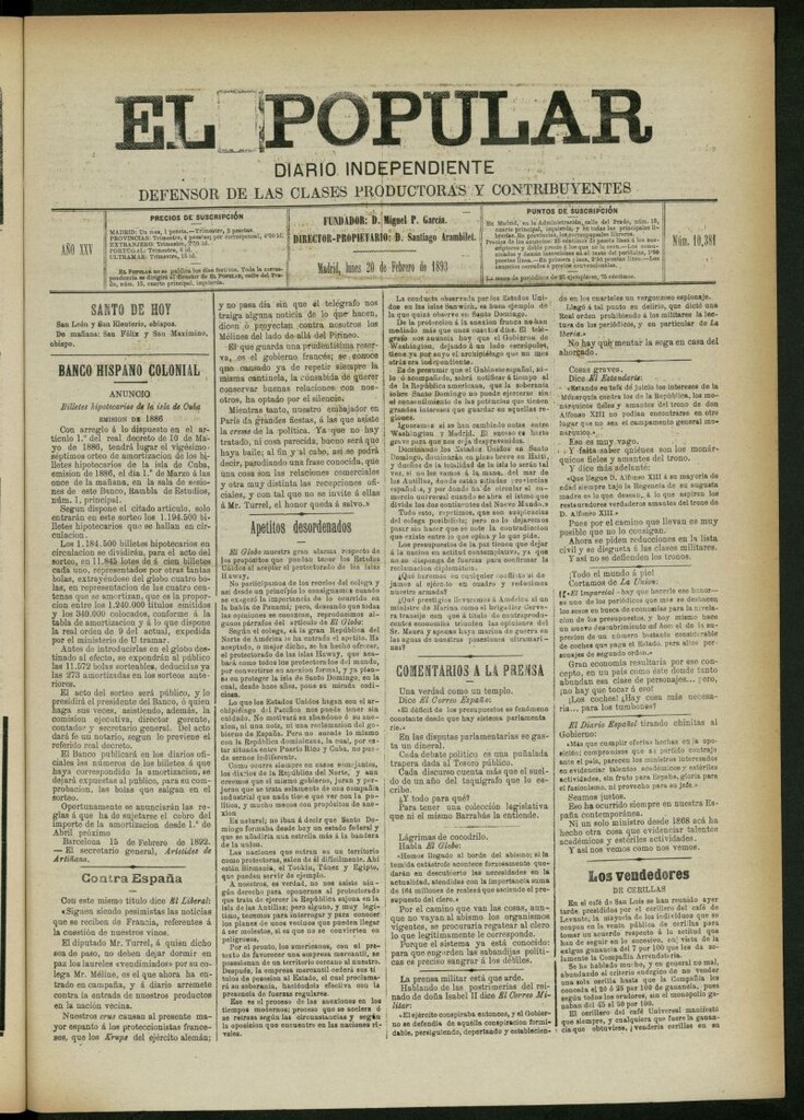 Miniatura de El Popular: diario independiente, político, literario y de noticias de interés general del 20 de febrero de 1893, nº 10381
