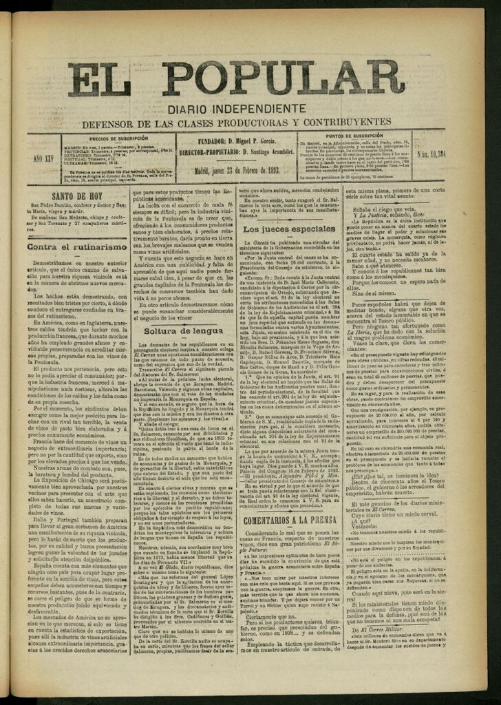Miniatura de El Popular: diario independiente, político, literario y de noticias de interés general del 23 de febrero de 1893, nº 10384