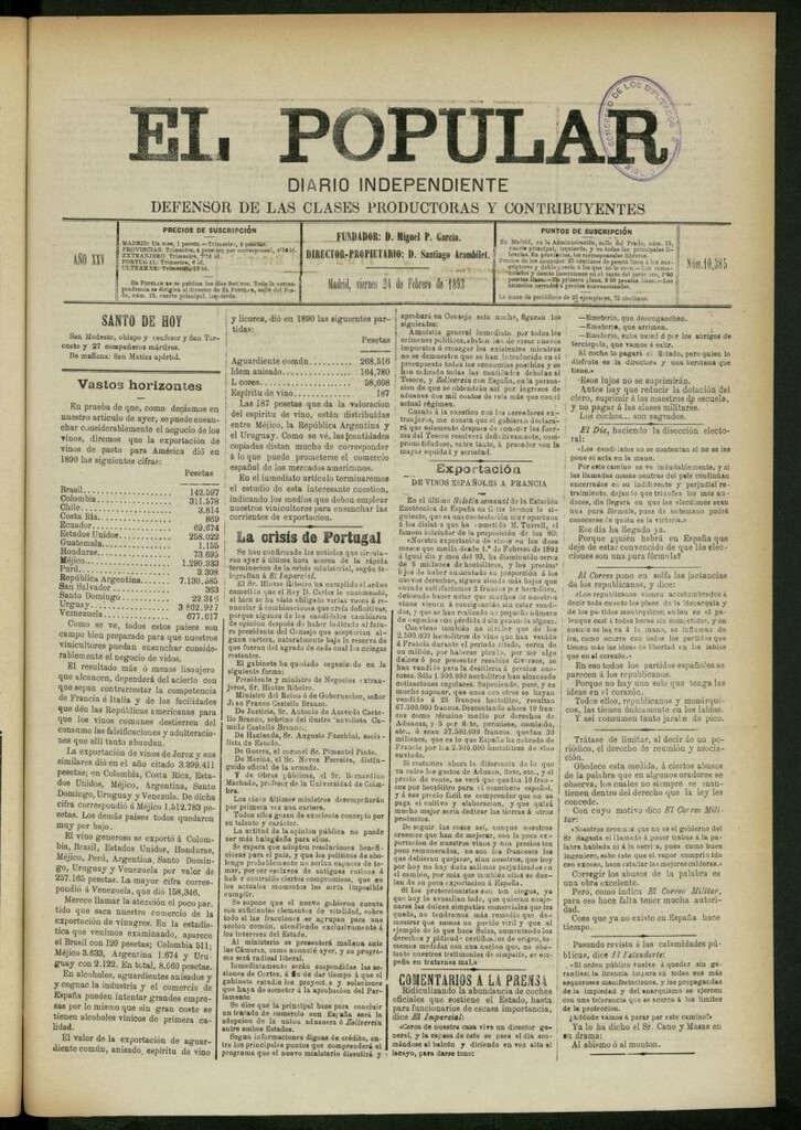 Miniatura de El Popular: diario independiente, político, literario y de noticias de interés general del 24 de febrero de 1893, nº 10385