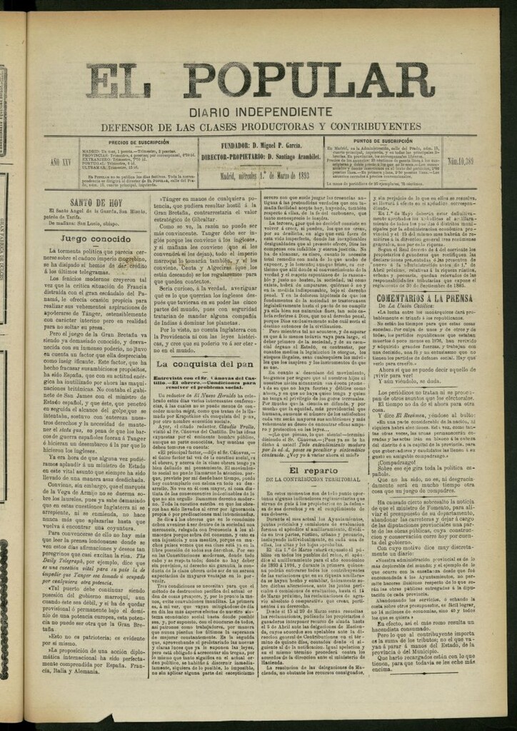 Miniatura de El Popular: diario independiente, político, literario y de noticias de interés general del 1 de marzo de 1893, nº 10389