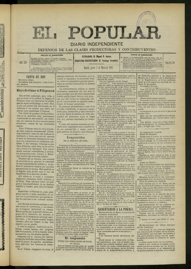 Miniatura de El Popular: diario independiente, político, literario y de noticias de interés general del 2 de marzo de 1893, nº 10390