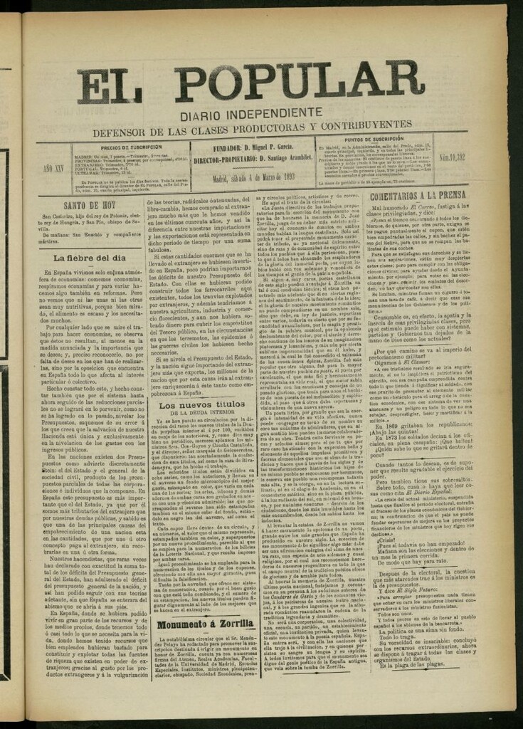 Miniatura de El Popular: diario independiente, político, literario y de noticias de interés general del 4 de marzo de 1893, nº 10392