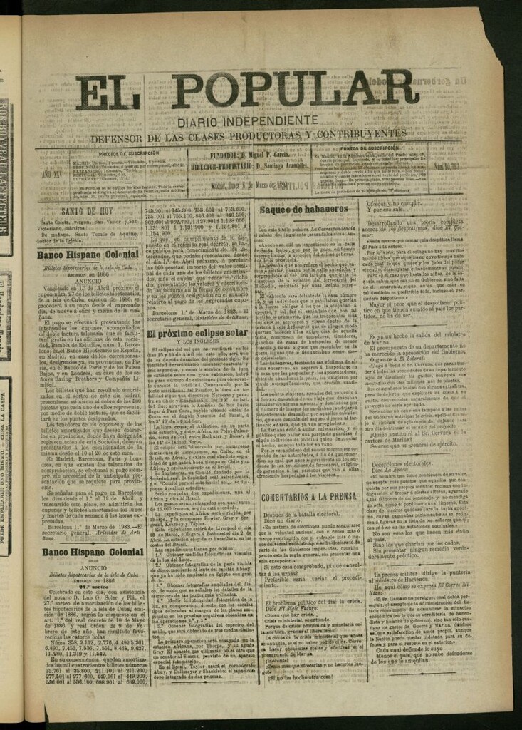 Miniatura de El Popular: diario independiente, político, literario y de noticias de interés general del 6 de marzo de 1893, nº 10393