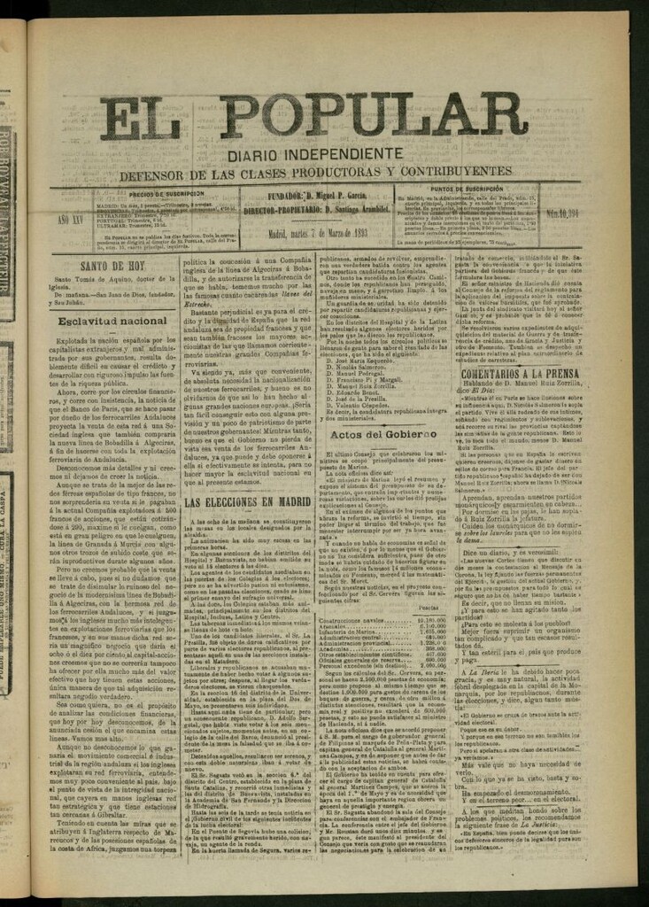Miniatura de El Popular: diario independiente, político, literario y de noticias de interés general del 7 de marzo de 1893, nº 10394