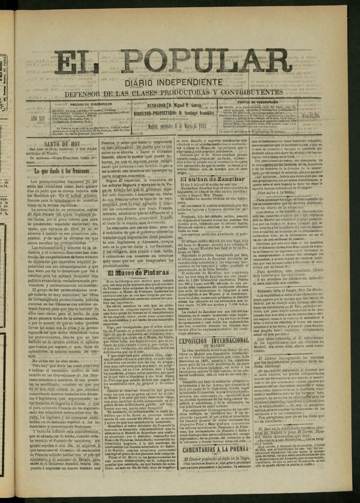Miniatura de El Popular: diario independiente, político, literario y de noticias de interés general del 8 de marzo de 1893, nº 10395