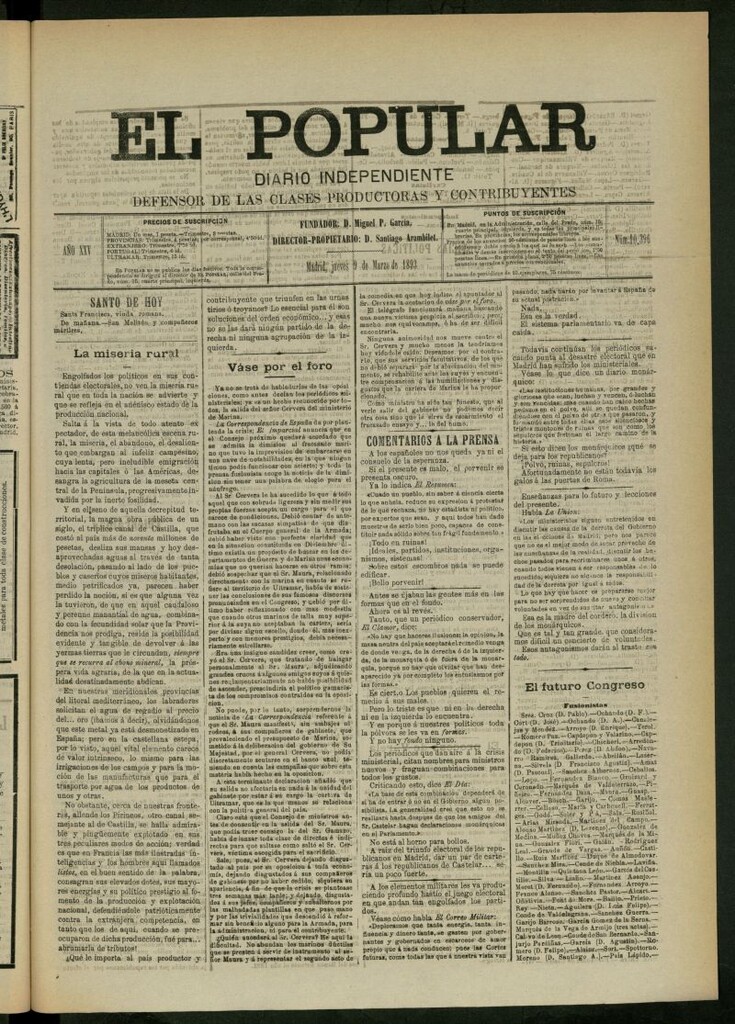 Miniatura de El Popular: diario independiente, político, literario y de noticias de interés general del 9 de marzo de 1893, nº 10396