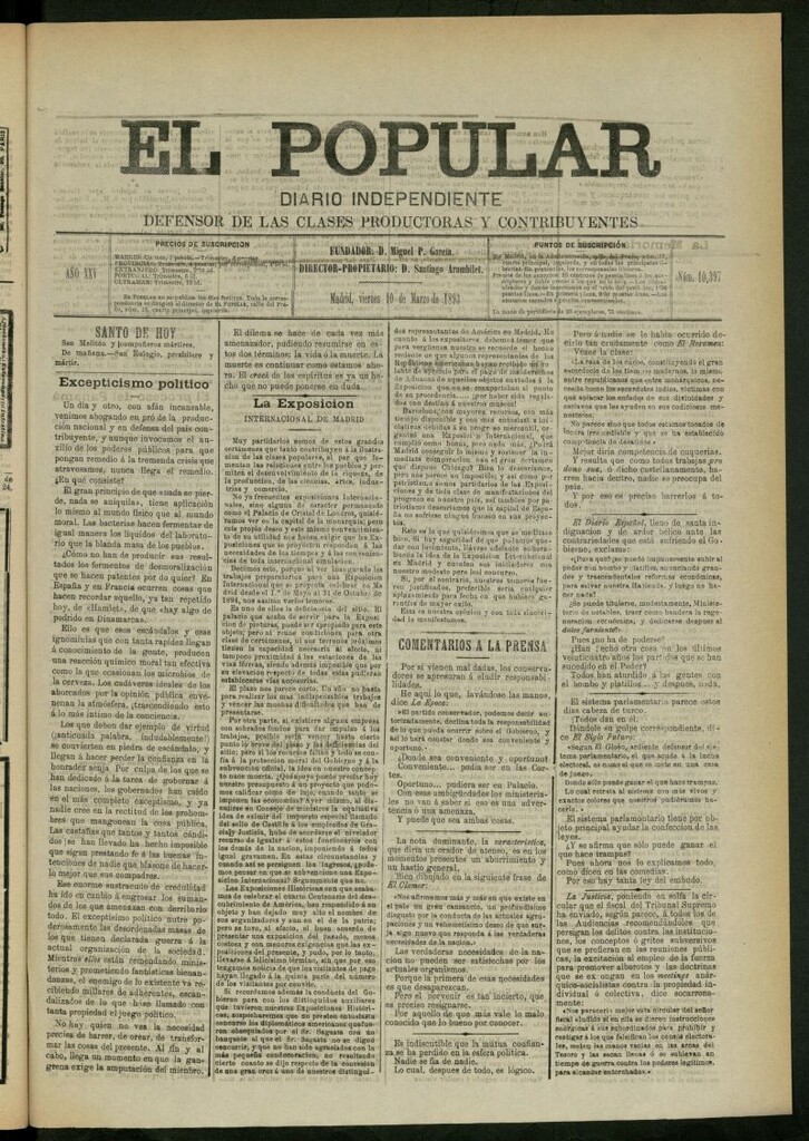 Miniatura de El Popular: diario independiente, político, literario y de noticias de interés general del 10 de marzo de 1893, nº 10397