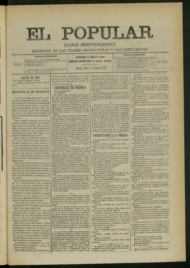 Miniatura de El Popular: diario independiente, político, literario y de noticias de interés general del 11 de marzo de 1893, nº 10398