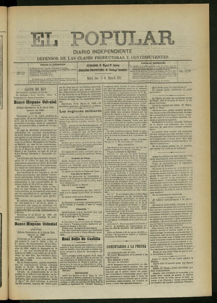 Miniatura de El Popular: diario independiente, político, literario y de noticias de interés general del 13 de marzo de 1893, nº 10399