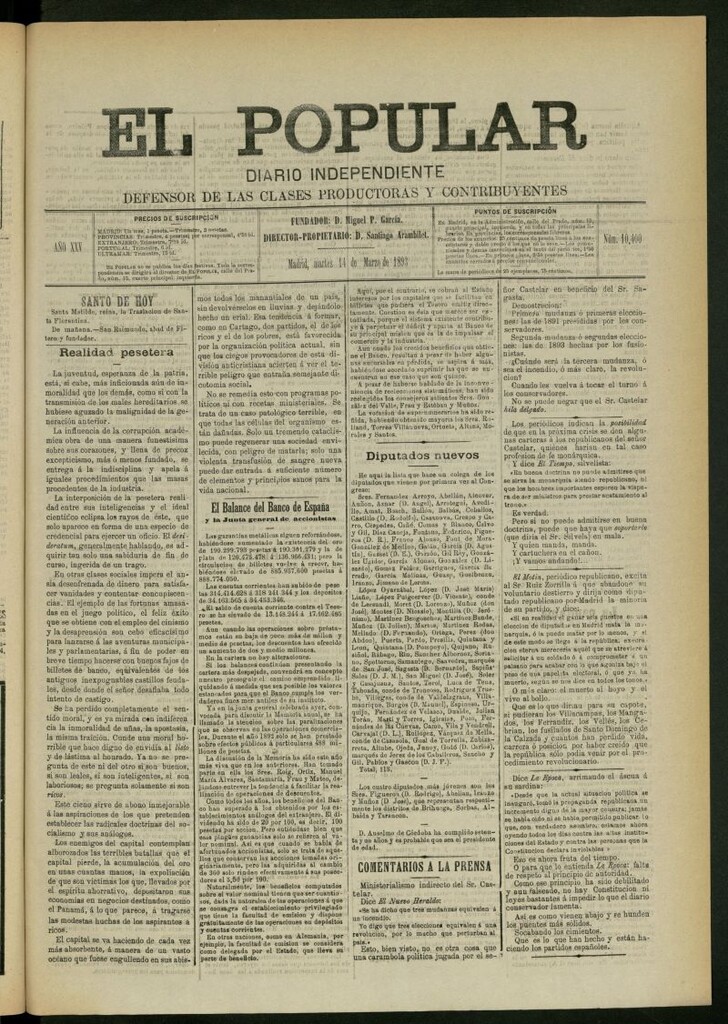 Miniatura de El Popular: diario independiente, político, literario y de noticias de interés general del 14 de marzo de 1893, nº 10400
