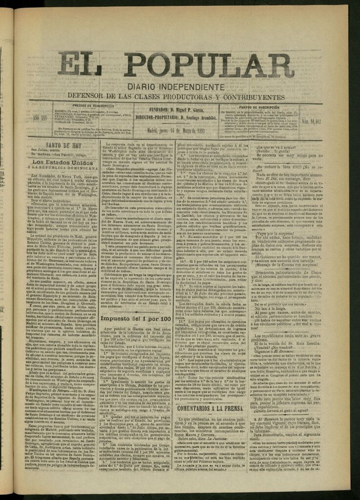 Miniatura de El Popular: diario independiente, político, literario y de noticias de interés general del 16 de marzo de 1893, nº 10402