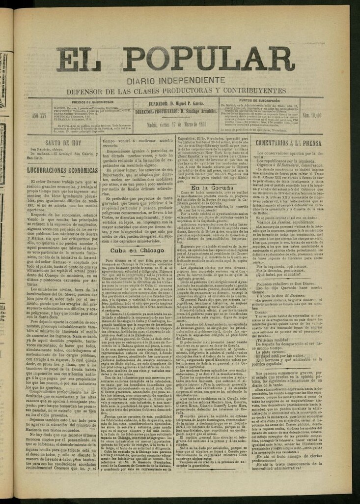 Miniatura de El Popular: diario independiente, político, literario y de noticias de interés general del 17 de marzo de 1893, nº 10403