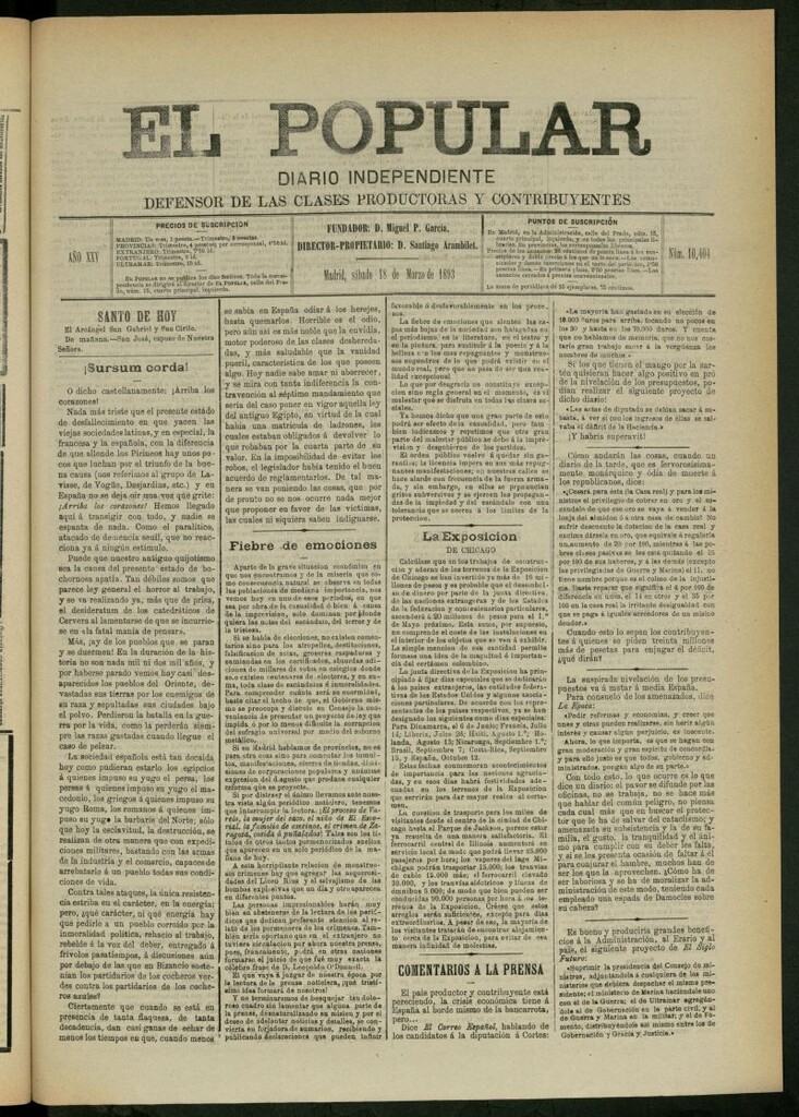 Miniatura de El Popular: diario independiente, político, literario y de noticias de interés general del 18 de marzo de 1893, nº 10404