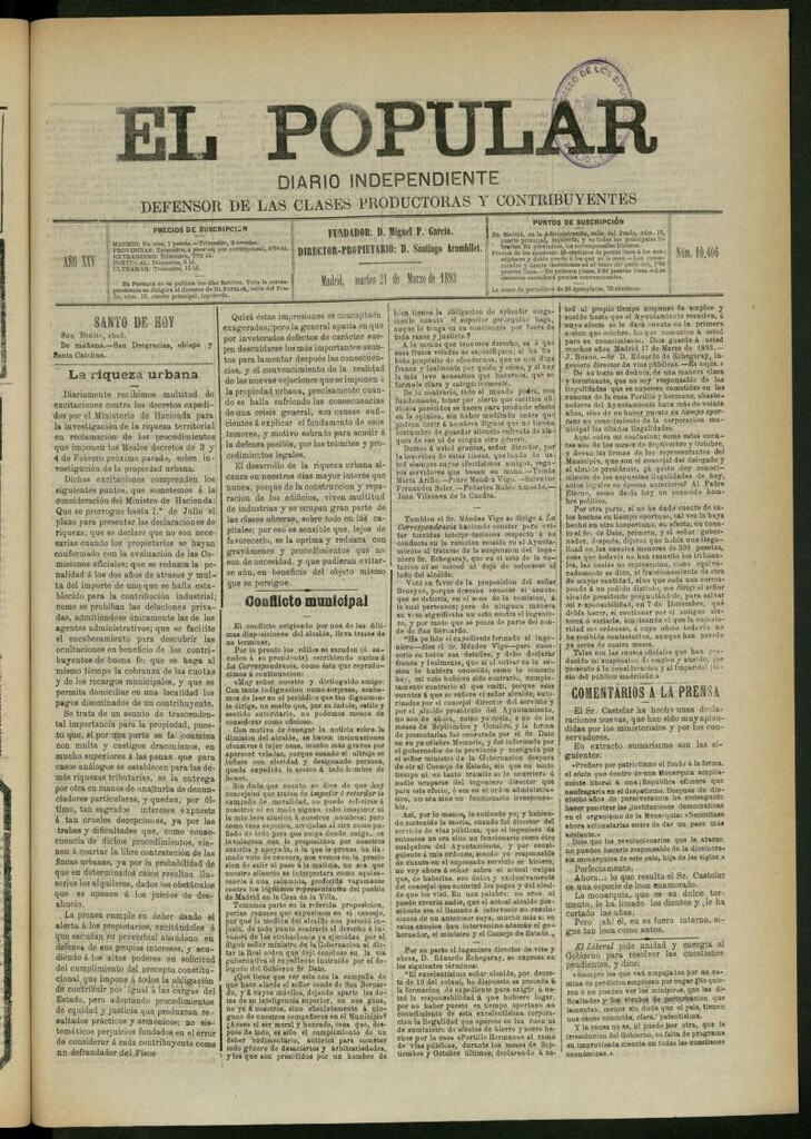 Miniatura de El Popular: diario independiente, político, literario y de noticias de interés general del 21 de marzo de 1893, nº 10406