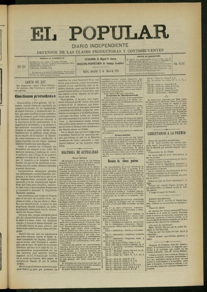 Miniatura de El Popular: diario independiente, político, literario y de noticias de interés general del 22 de marzo de 1893, nº 10407