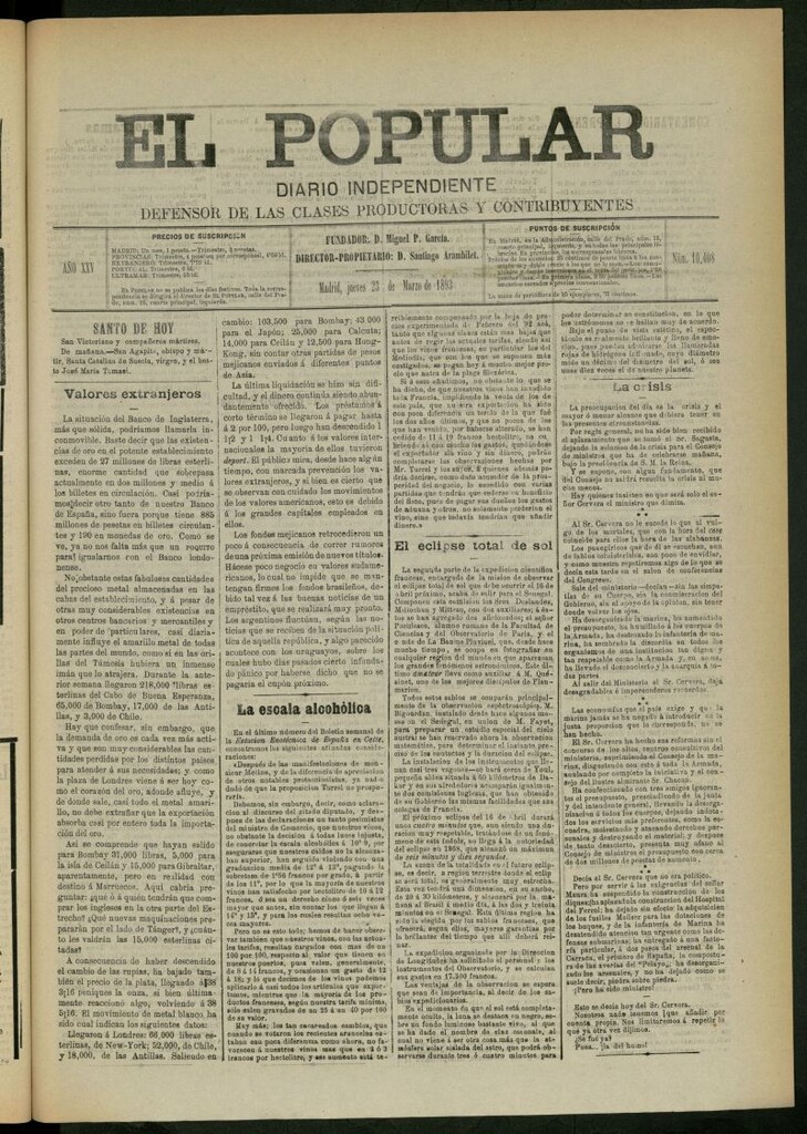 Miniatura de El Popular: diario independiente, político, literario y de noticias de interés general del 23 de marzo de 1893, nº 10408
