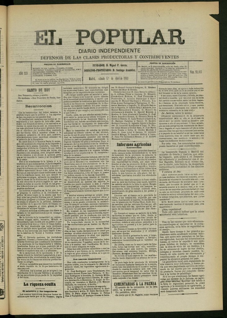 Miniatura de El Popular: diario independiente, político, literario y de noticias de interés general del 1 de abril de 1893, nº 10413