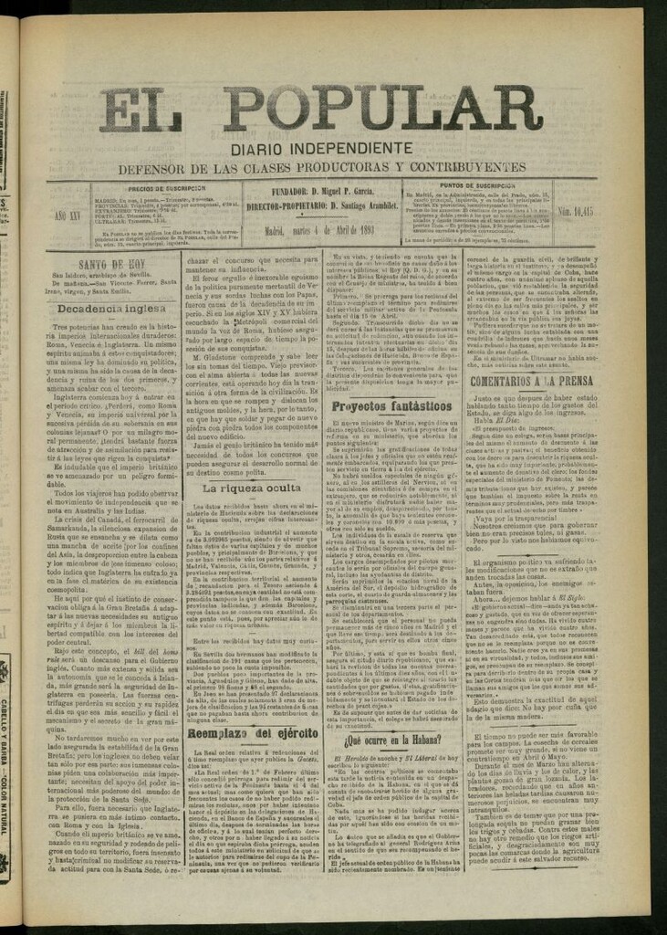 Miniatura de El Popular: diario independiente, político, literario y de noticias de interés general del 4 de abril de 1893, nº 10415