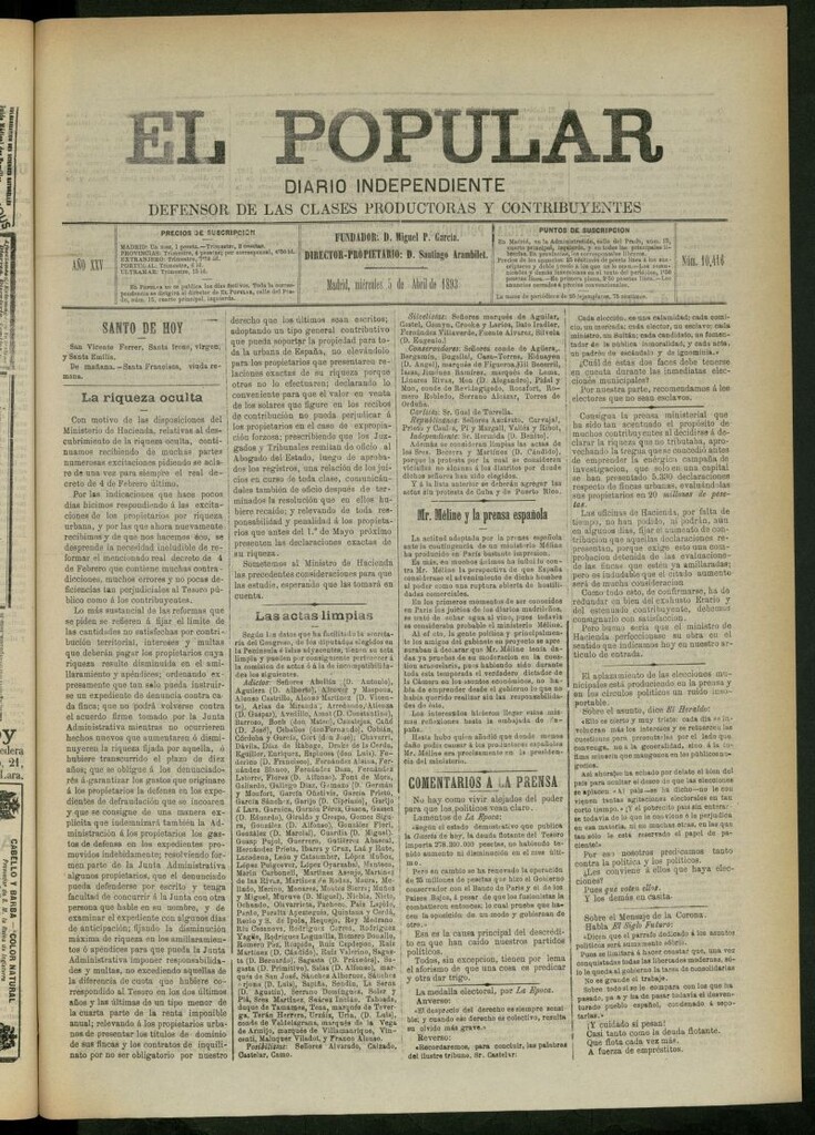 Miniatura de El Popular: diario independiente, político, literario y de noticias de interés general del 5 de abril de 1893, nº 10416