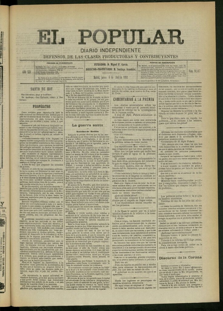 Miniatura de El Popular: diario independiente, político, literario y de noticias de interés general del 6 de abril de 1893, nº 10417