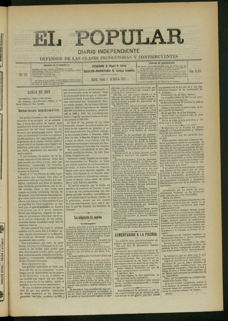 Miniatura de El Popular: diario independiente, político, literario y de noticias de interés general del 7 de abril de 1893, nº 10418