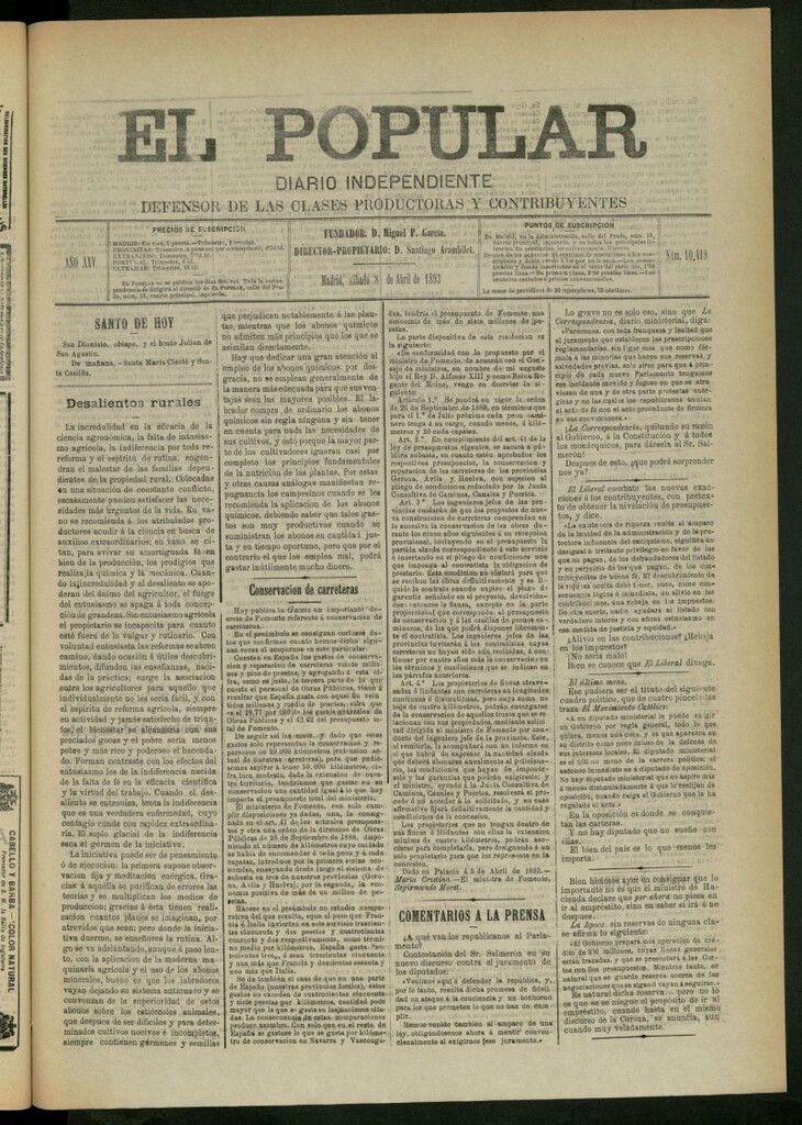 Miniatura de El Popular: diario independiente, político, literario y de noticias de interés general del 8 de abril de 1893, nº 10419