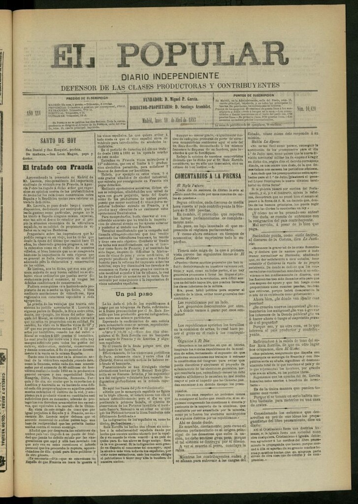 Miniatura de El Popular: diario independiente, político, literario y de noticias de interés general del 10 de abril de 1893, nº 10420