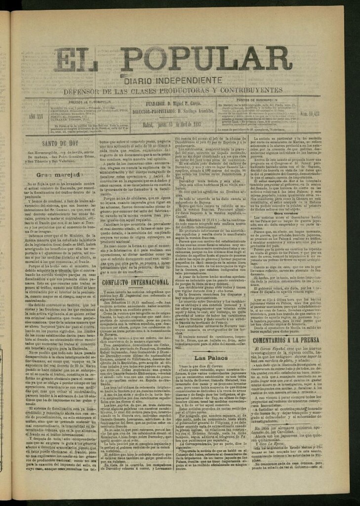 Miniatura de El Popular: diario independiente, político, literario y de noticias de interés general del 13 de abril de 1893, nº 10423