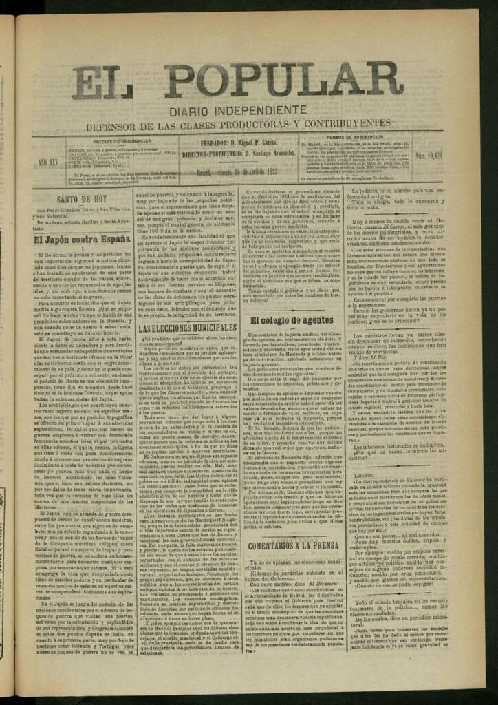 Miniatura de El Popular: diario independiente, político, literario y de noticias de interés general del 14 de abril de 1893, nº 10424