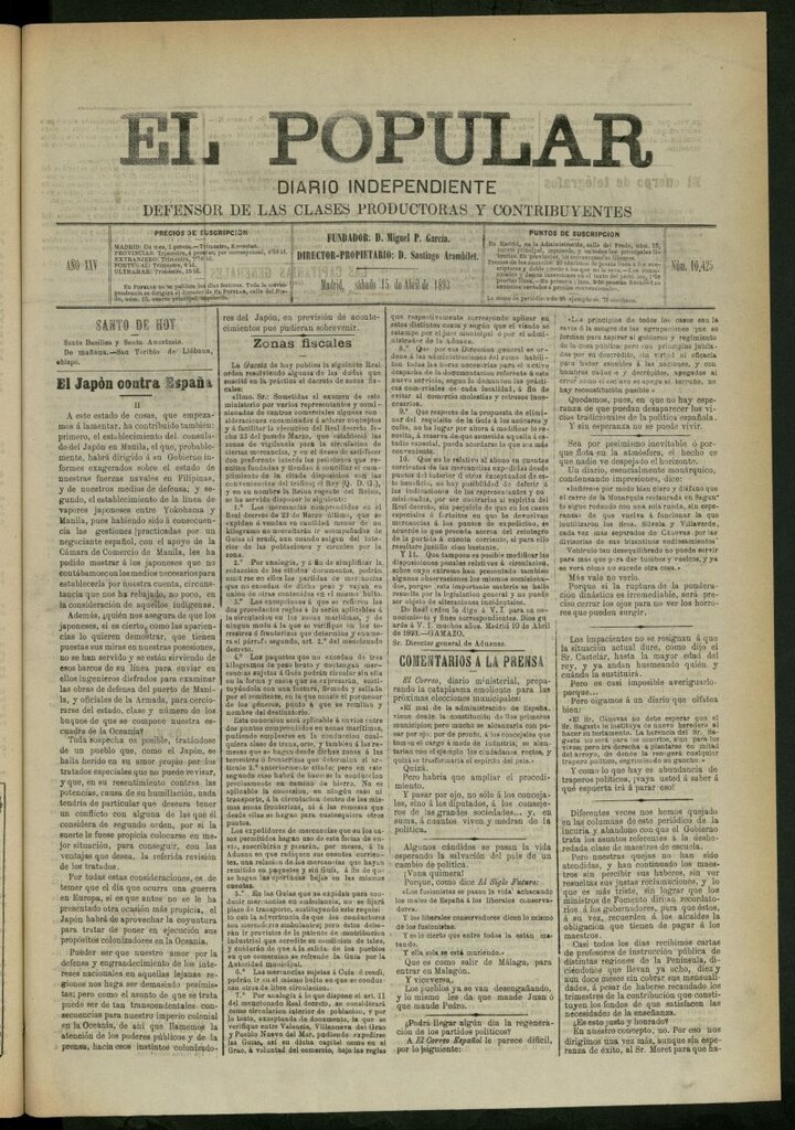 Miniatura de El Popular: diario independiente, político, literario y de noticias de interés general del 15 de abril de 1893, nº 10425