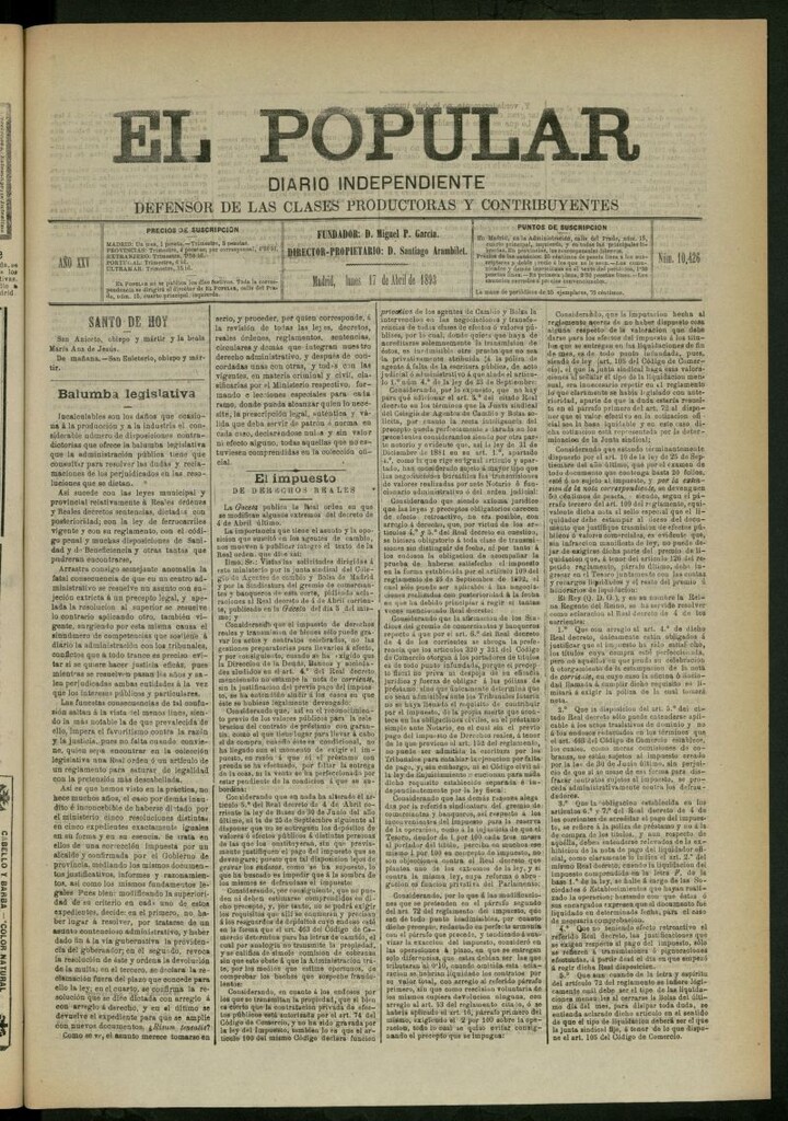 Miniatura de El Popular: diario independiente, político, literario y de noticias de interés general del 17 de abril de 1893, nº 10426
