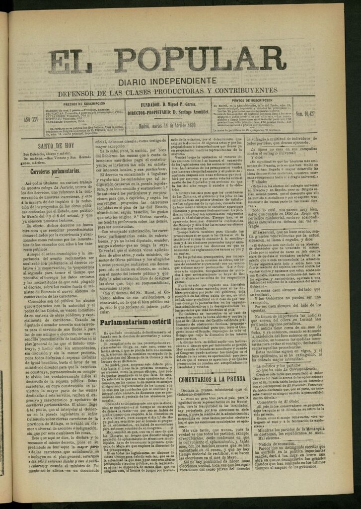 Miniatura de El Popular: diario independiente, político, literario y de noticias de interés general del 18 de abril de 1893, nº 10427