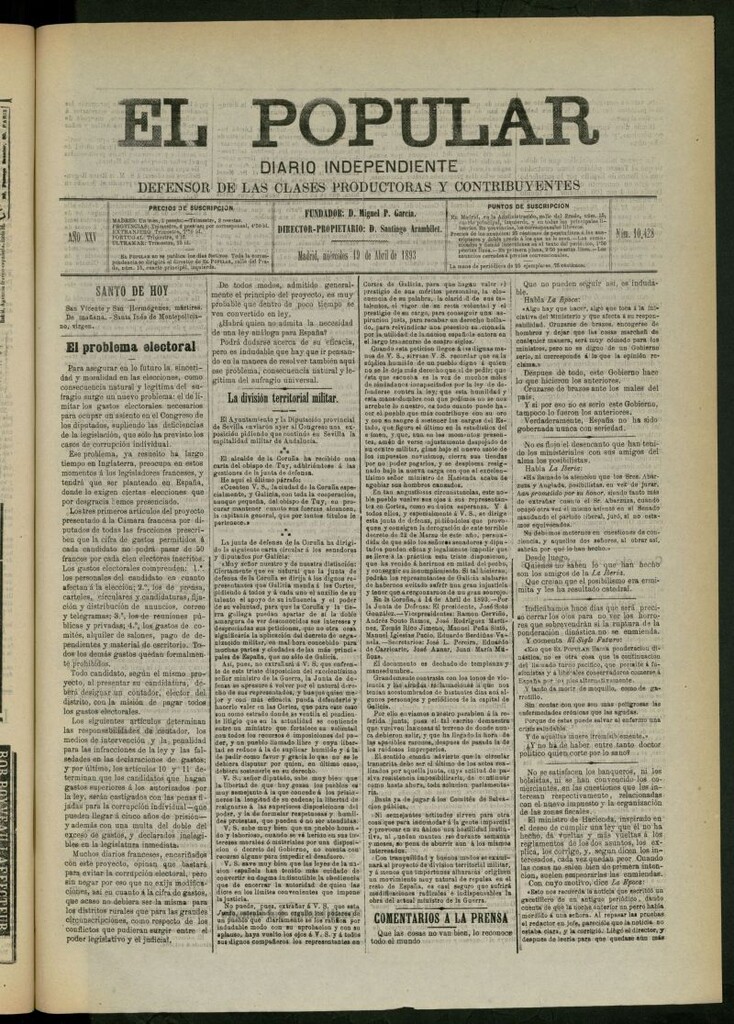 Miniatura de El Popular: diario independiente, político, literario y de noticias de interés general del 19 de abril de 1893, nº 10428