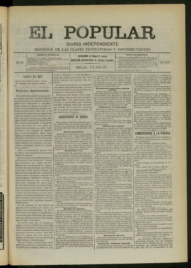 Miniatura de El Popular: diario independiente, político, literario y de noticias de interés general del 20 de abril de 1893, nº 10429